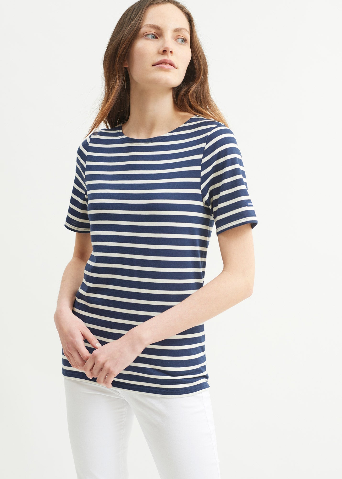Saint James Levant Modern Breton Stripe Short Sleeve Shirt Soft Cotton Unisex Fit Navy Ecru