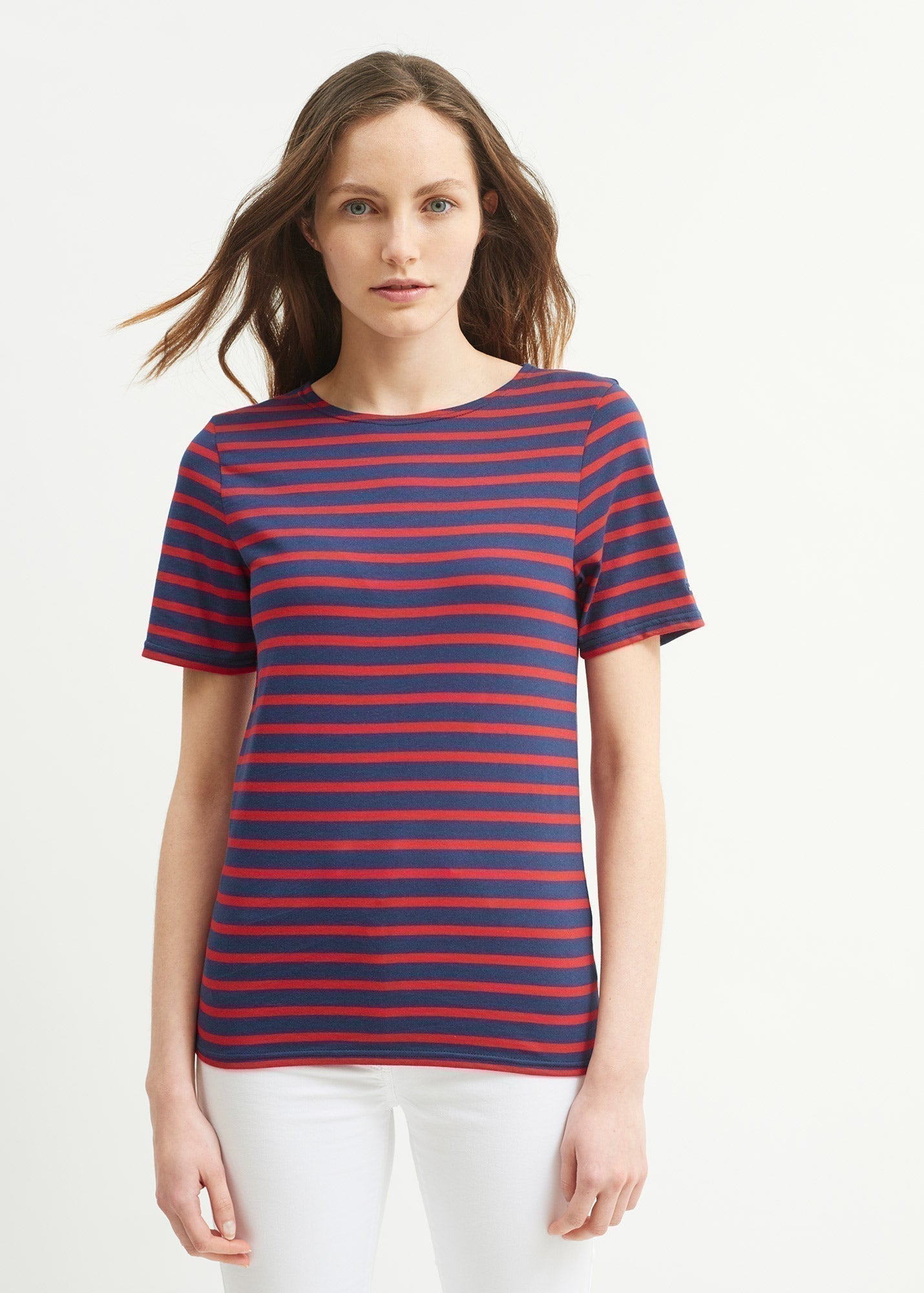 Saint James Levant Modern Breton Stripe Short Sleeve Shirt Soft Cotton Unisex Fit Navy Red