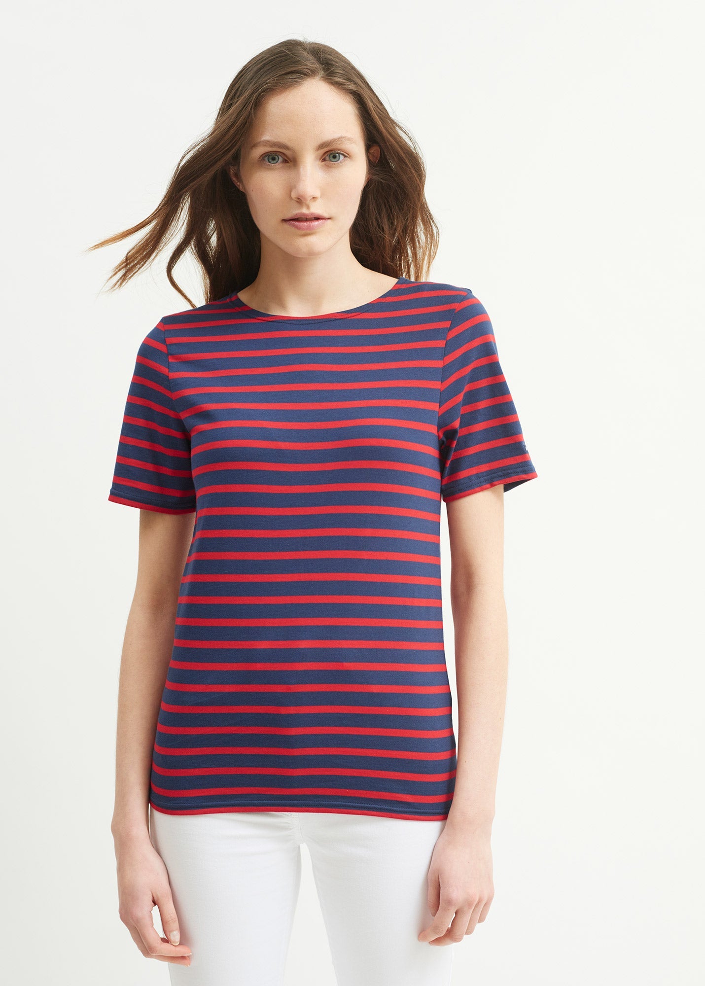 Saint James LEVANT MODERN - Breton Stripe Short Sleeve Shirt | Soft Cotton | Unisex Fit (NAVY / RED)