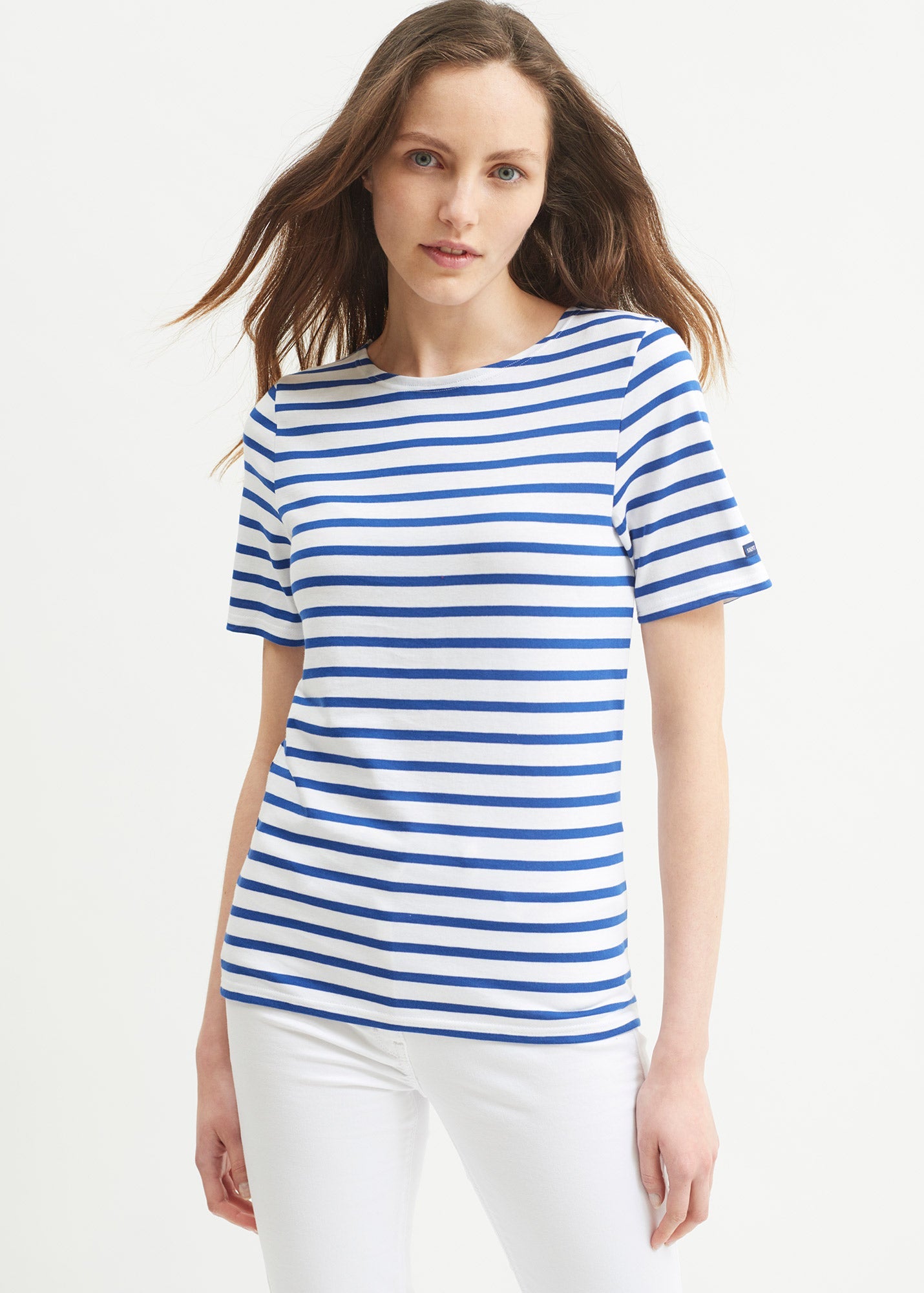 Saint James LEVANT MODERN - Breton Stripe Short Sleeve Shirt | Soft Cotton | Unisex Fit (WHITE / ROYAL BLUE)
