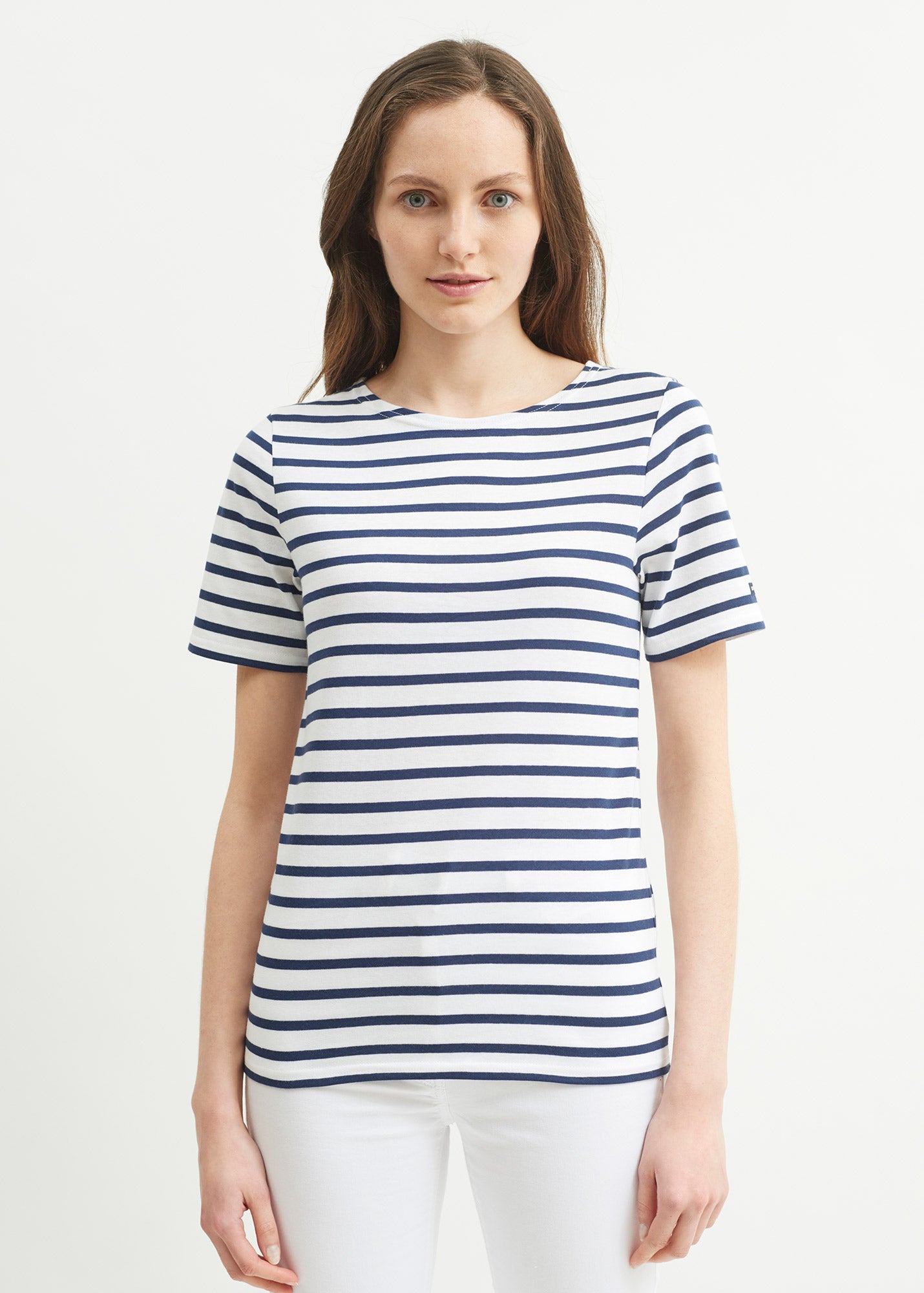 Saint James LEVANT MODERN - Breton Stripe Short Sleeve Shirt | Soft Cotton | Unisex Fit (WHITE / NAVY)