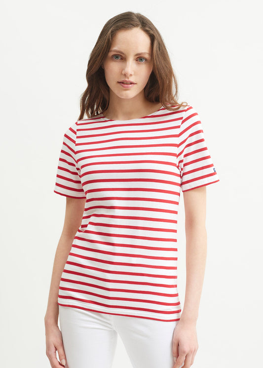 Saint James Levant Modern Breton Stripe Short Sleeve Shirt Soft Cotton Unisex Fit White Red