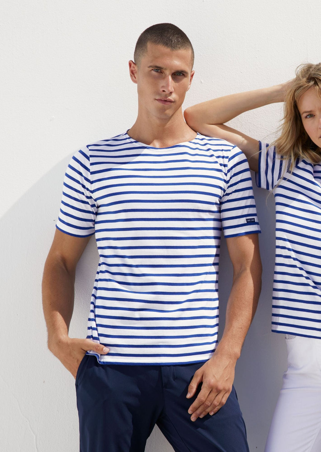 Saint James LEVANT MODERN - Breton Stripe Short Sleeve Shirt | Soft Cotton | Unisex Fit (WHITE / ROYAL BLUE)