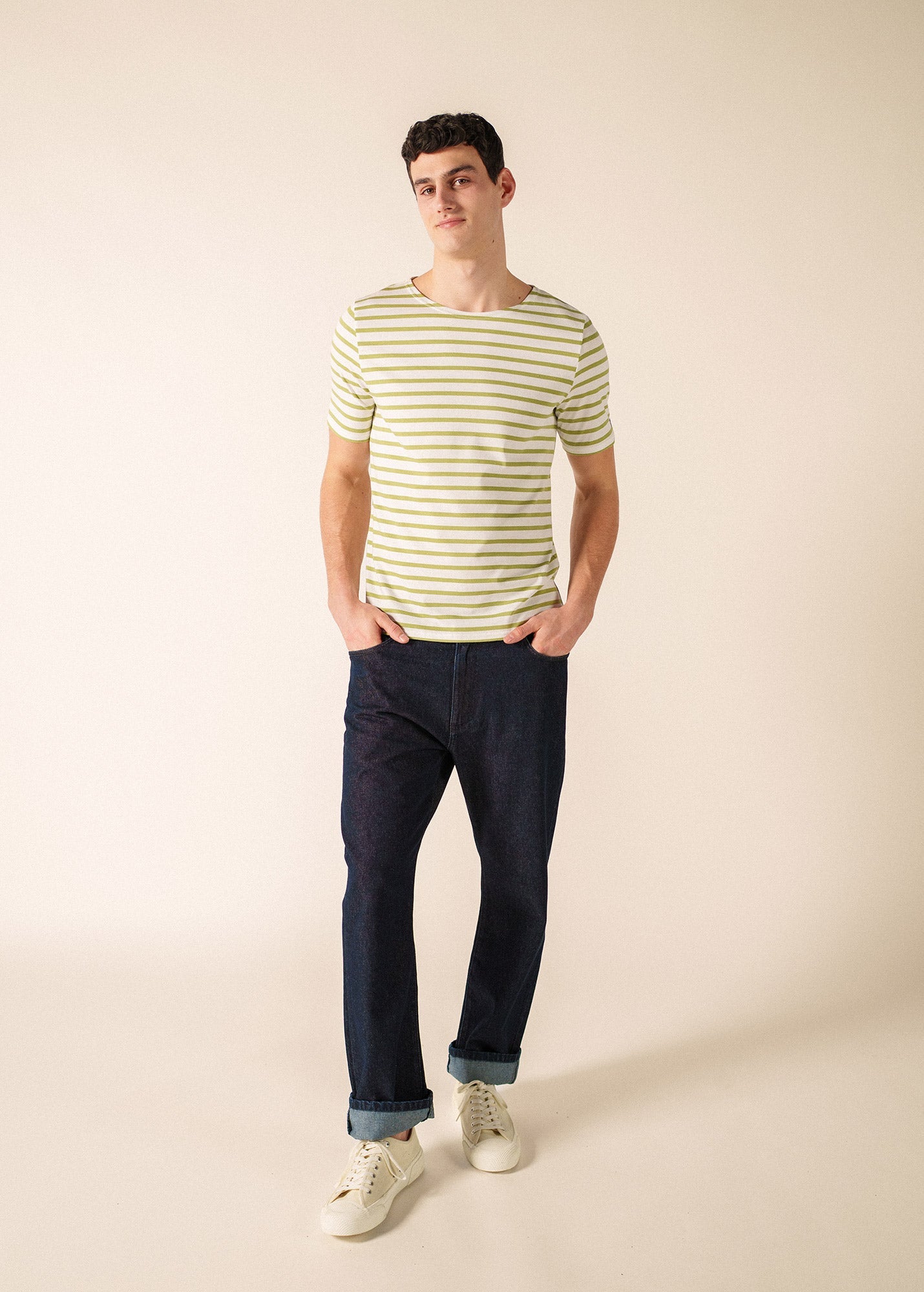 Saint James LEVANT MODERN Breton Shirt (WHITE / SAGE OLIVE)
