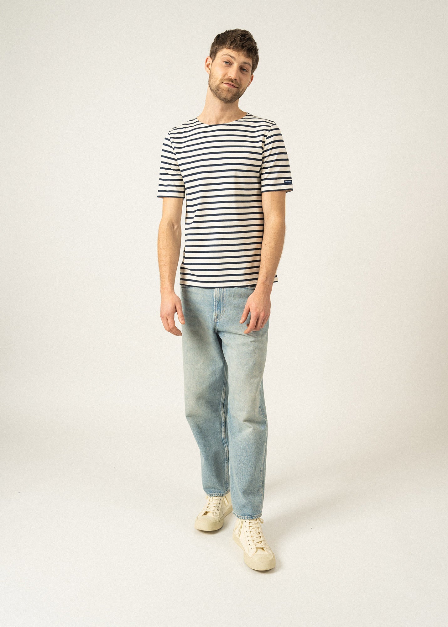 Saint James LEVANT MODERN - Breton Stripe Short Sleeve Shirt | Soft Cotton | Unisex Fit (ECRU / NAVY)
