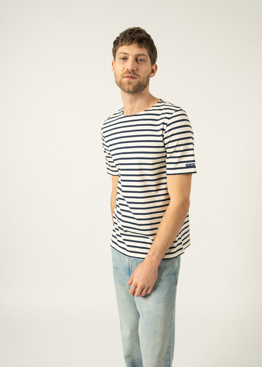 Saint James LEVANT MODERN - Breton Stripe Short Sleeve Shirt | Soft Cotton | Unisex Fit (ECRU / NAVY)