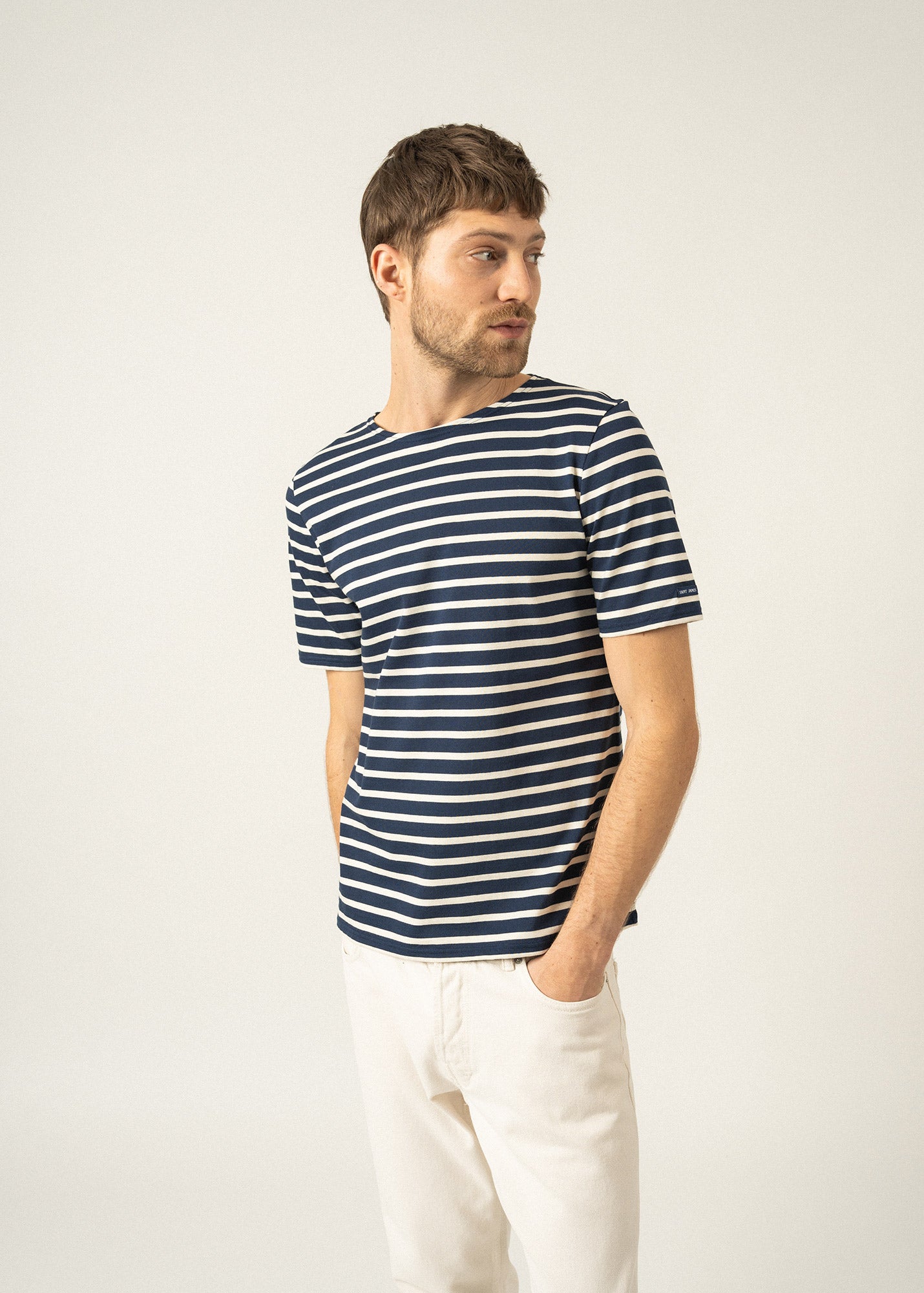 Saint James Levant Modern Breton Stripe Short Sleeve Shirt Soft Cotton Unisex Fit Navy Ecru