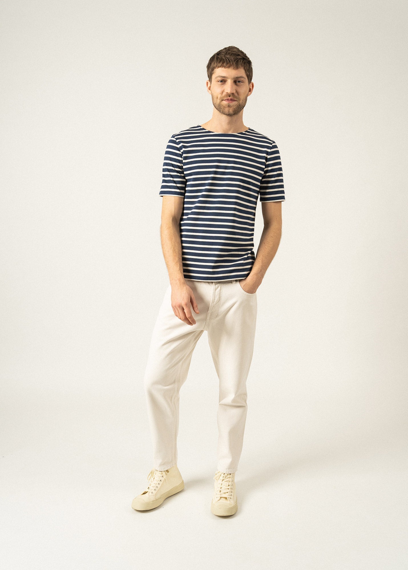 Saint James Levant Modern Breton Stripe Short Sleeve Shirt Soft Cotton Unisex Fit Navy Ecru