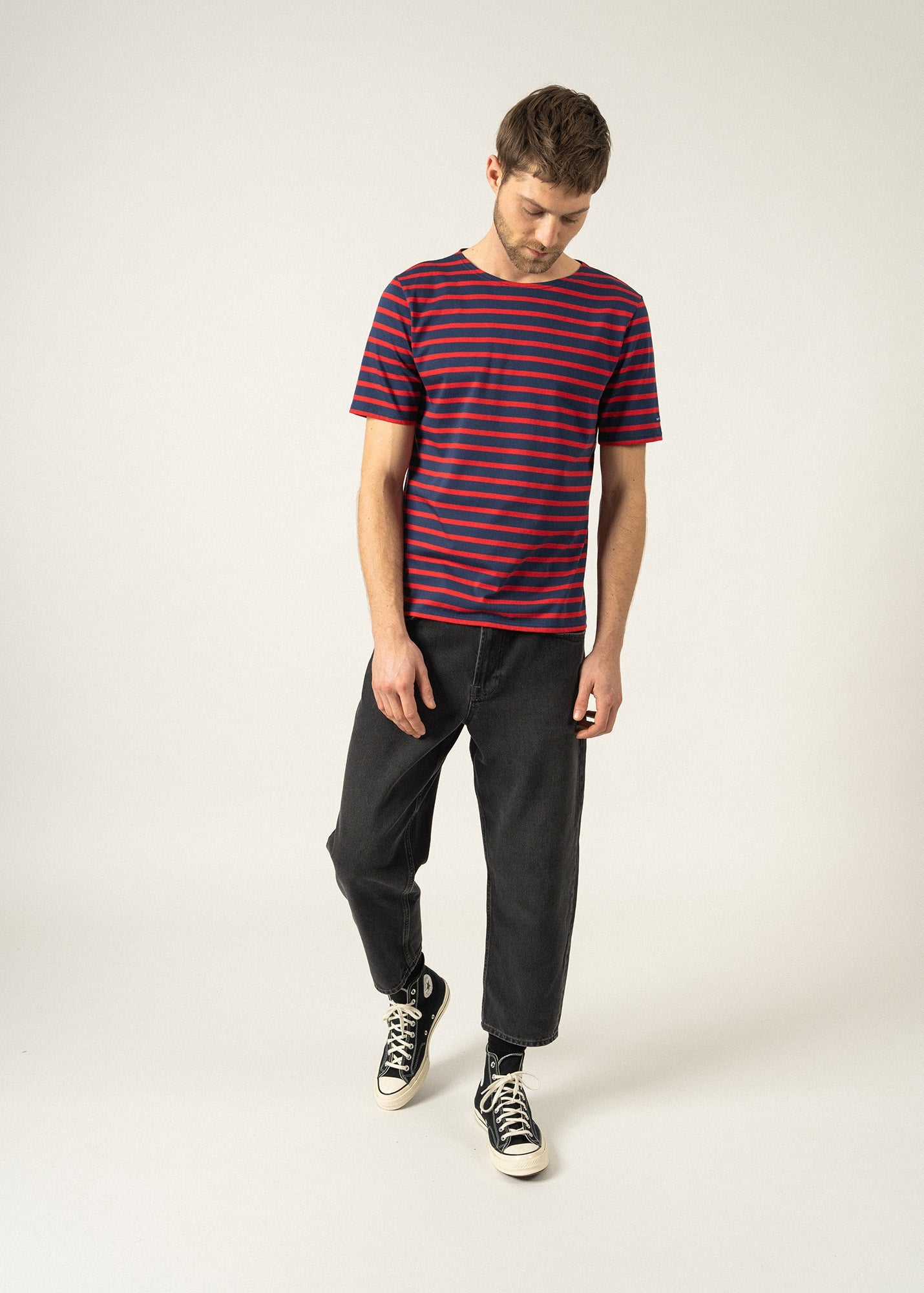 Saint James LEVANT MODERN - Breton Stripe Short Sleeve Shirt | Soft Cotton | Unisex Fit (NAVY / RED)