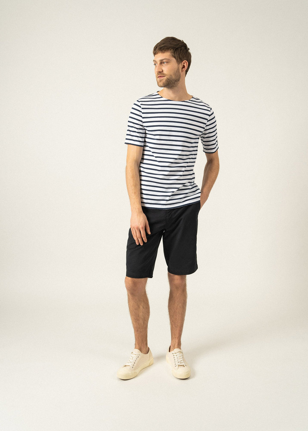 Saint James LEVANT MODERN - Breton Stripe Short Sleeve Shirt | Soft Cotton | Unisex Fit (WHITE / NAVY)