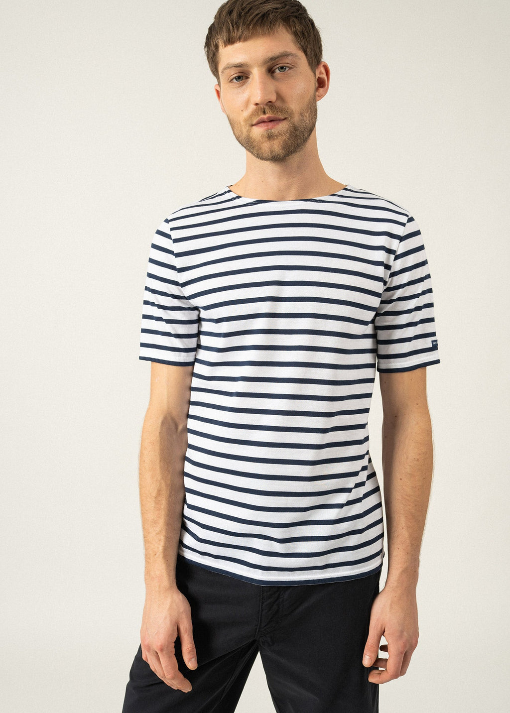Saint James LEVANT MODERN - Breton Stripe Short Sleeve Shirt | Soft Cotton | Unisex Fit (WHITE / NAVY)