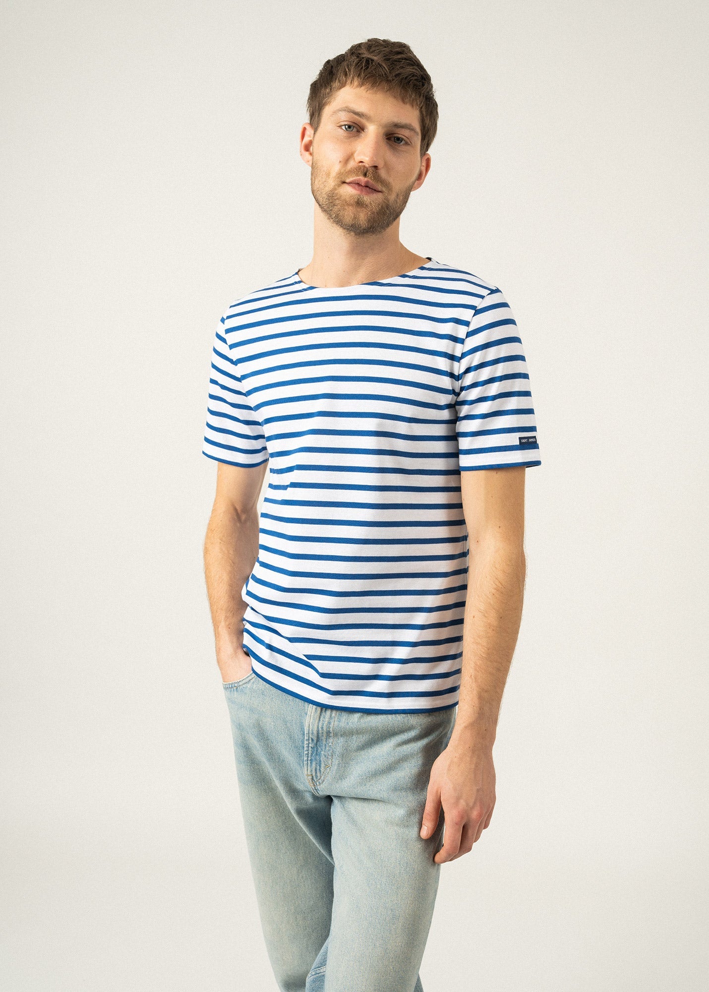 Saint James LEVANT MODERN - Breton Stripe Short Sleeve Shirt | Soft Cotton | Unisex Fit (WHITE / ROYAL BLUE)