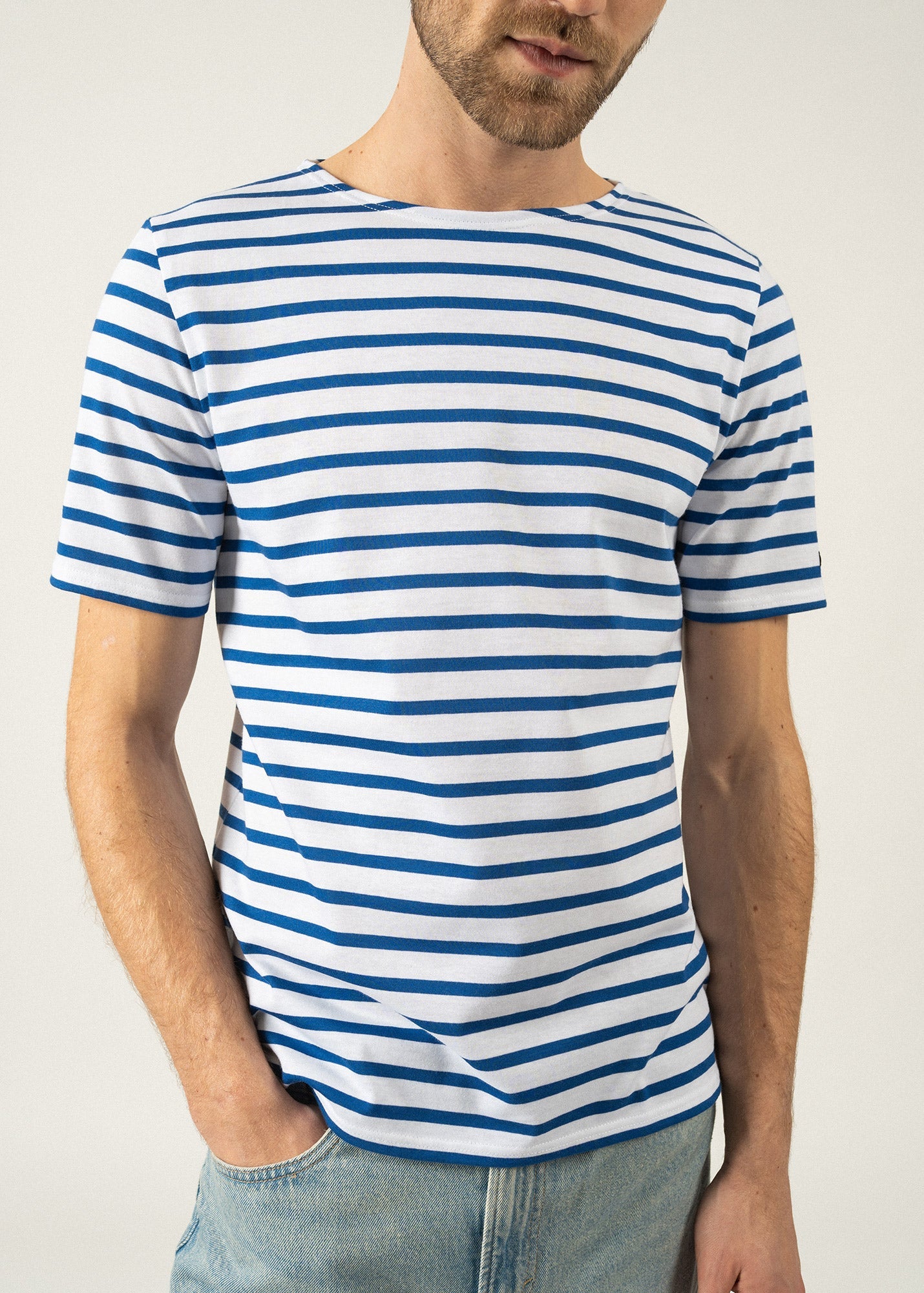 Saint James LEVANT MODERN - Breton Stripe Short Sleeve Shirt | Soft Cotton | Unisex Fit (WHITE / ROYAL BLUE)