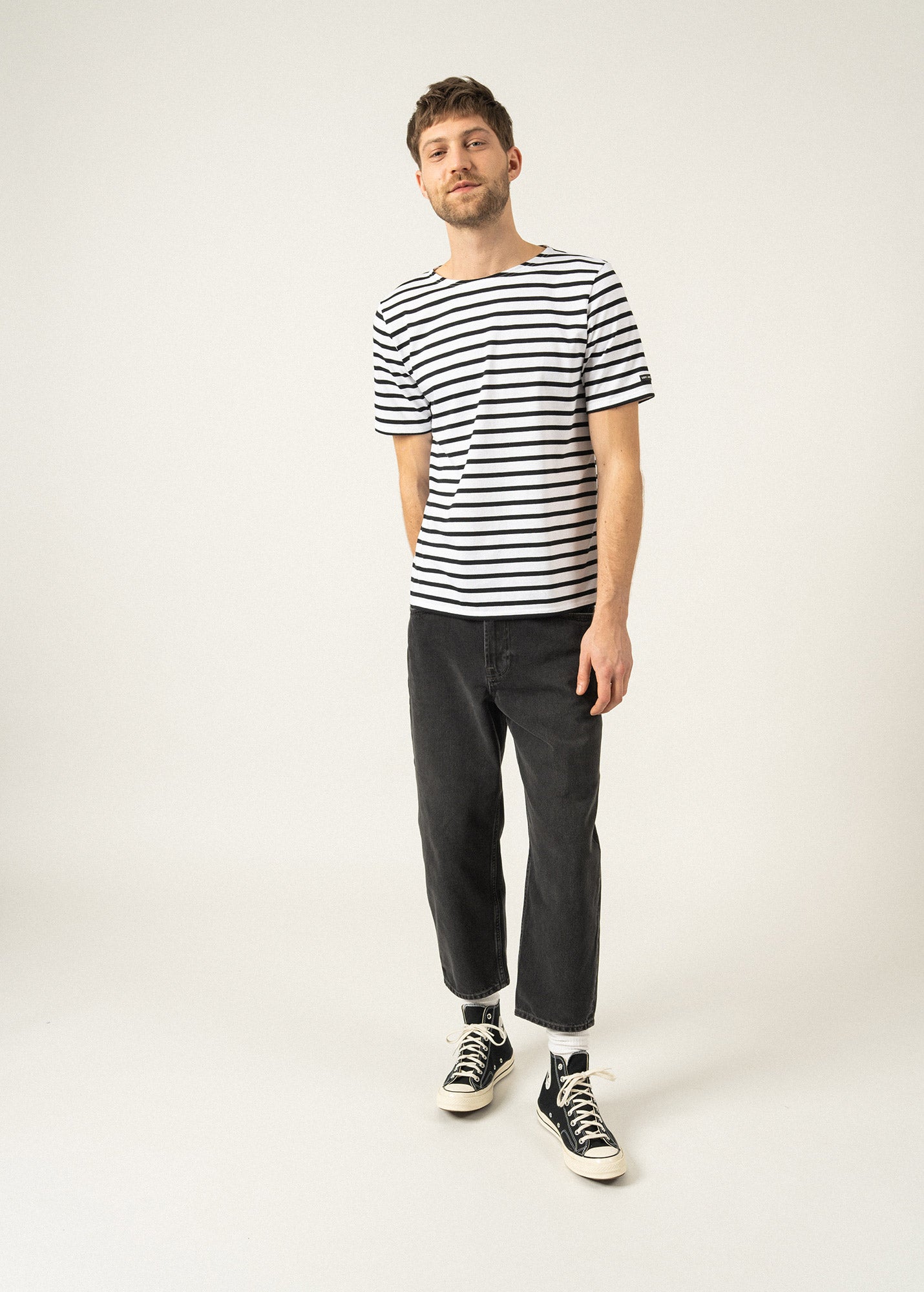 Saint James LEVANT MODERN - Breton Stripe Short Sleeve Shirt | Soft Cotton | Unisex Fit (WHITE / BLACK)