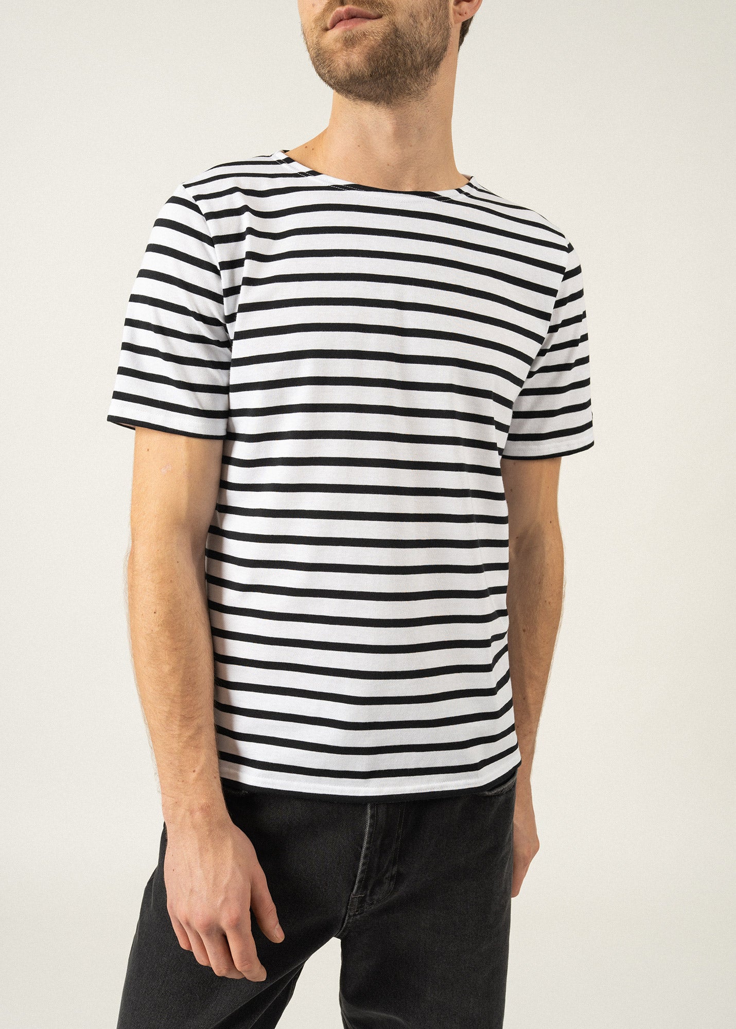 Saint James LEVANT MODERN - Breton Stripe Short Sleeve Shirt | Soft Cotton | Unisex Fit (WHITE / BLACK)