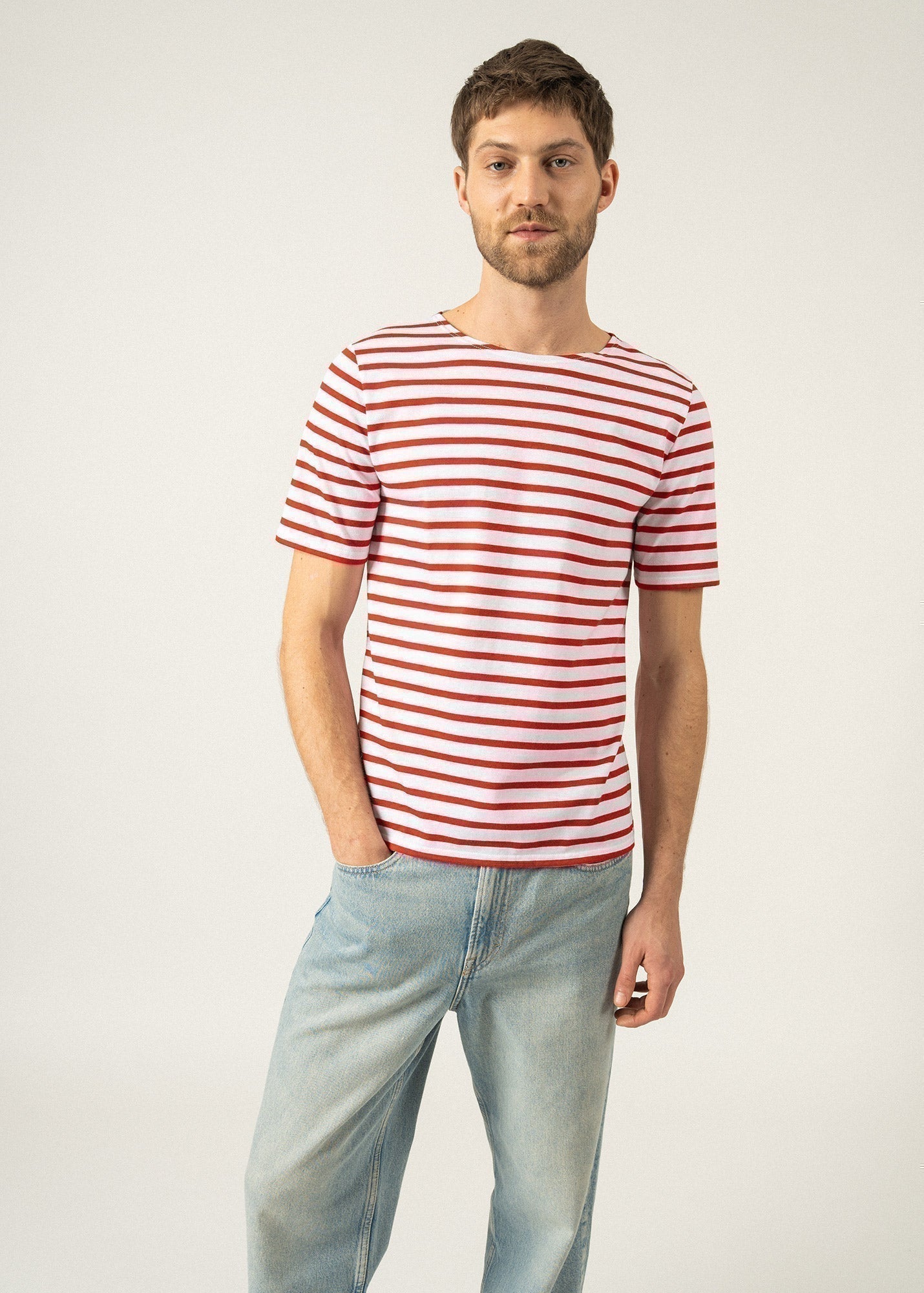 Saint James Levant Modern Breton Stripe Short Sleeve Shirt Soft Cotton Unisex Fit White Red