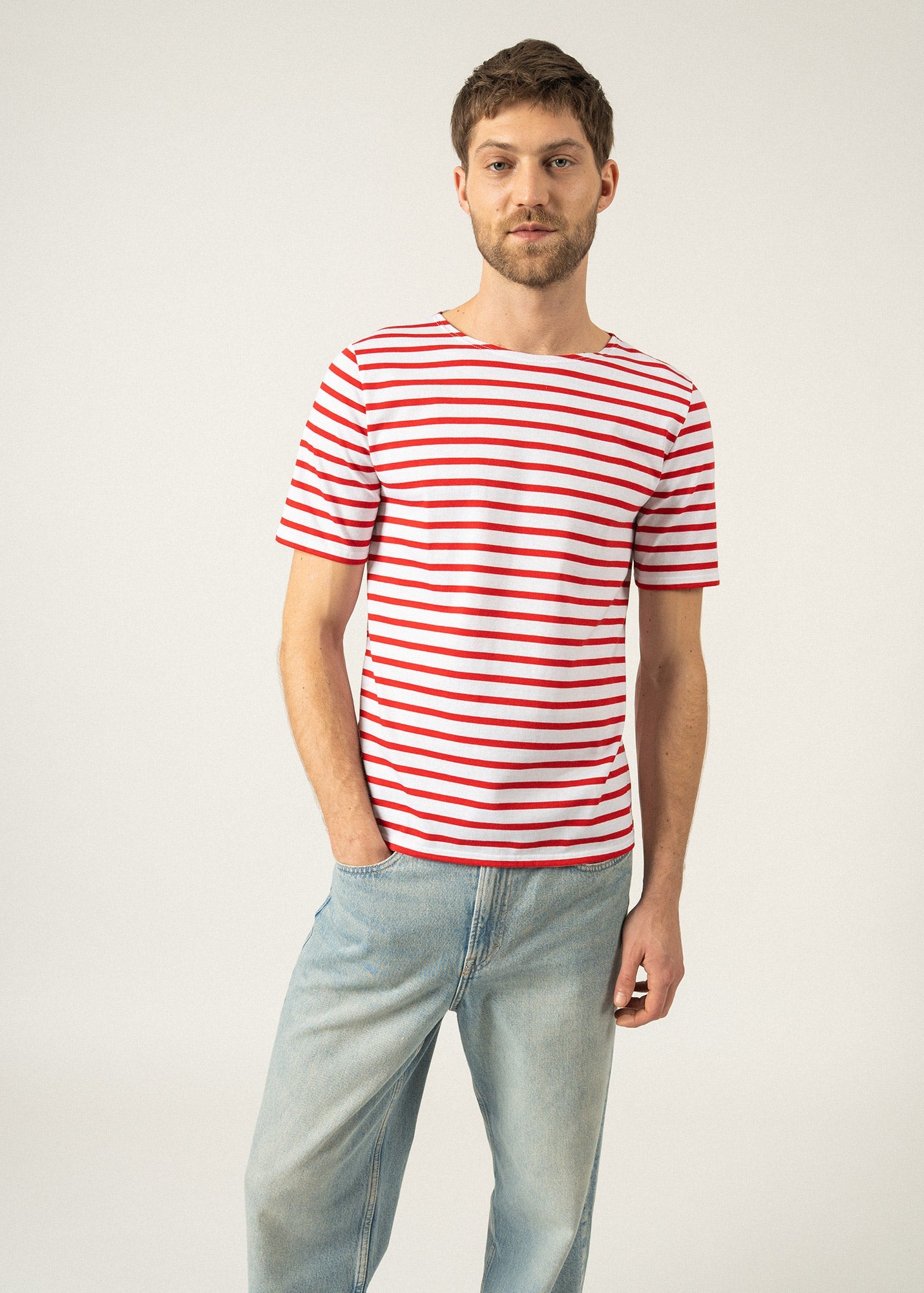 Saint James LEVANT MODERN - Breton Stripe Short Sleeve Shirt | Soft Cotton | Unisex Fit (WHITE / RED)