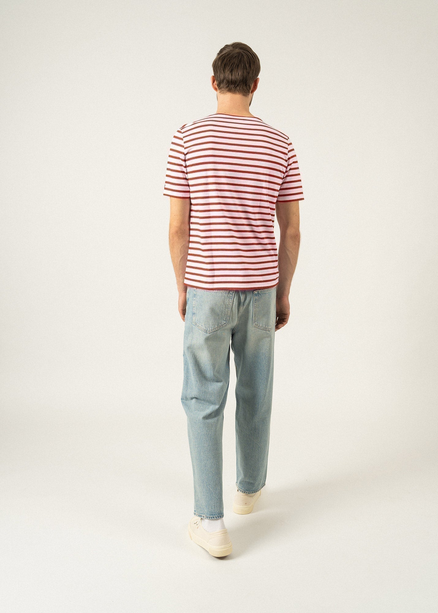 Saint James Levant Modern Breton Stripe Short Sleeve Shirt Soft Cotton Unisex Fit White Red