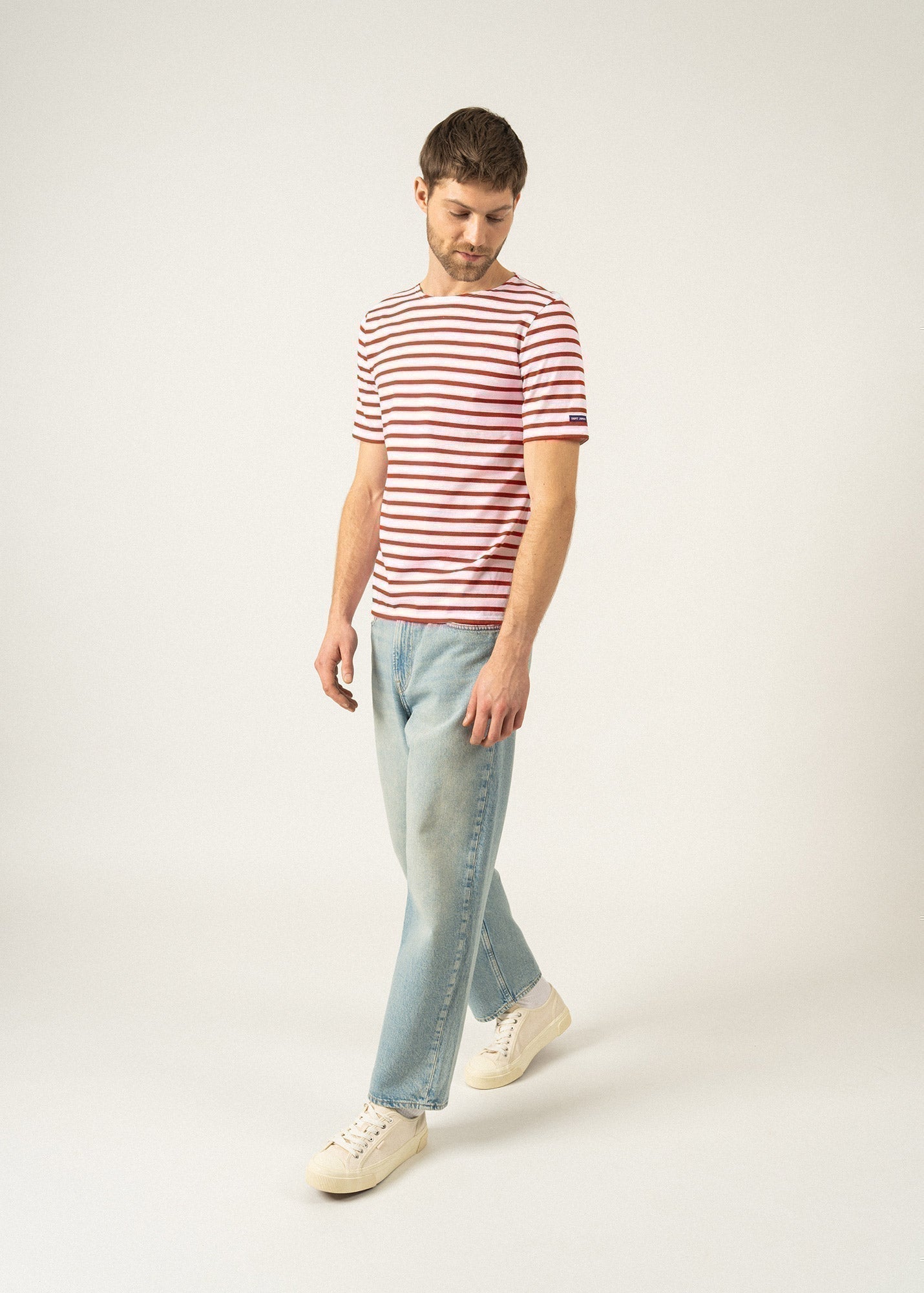 Saint James Levant Modern Breton Stripe Short Sleeve Shirt Soft Cotton Unisex Fit White Red