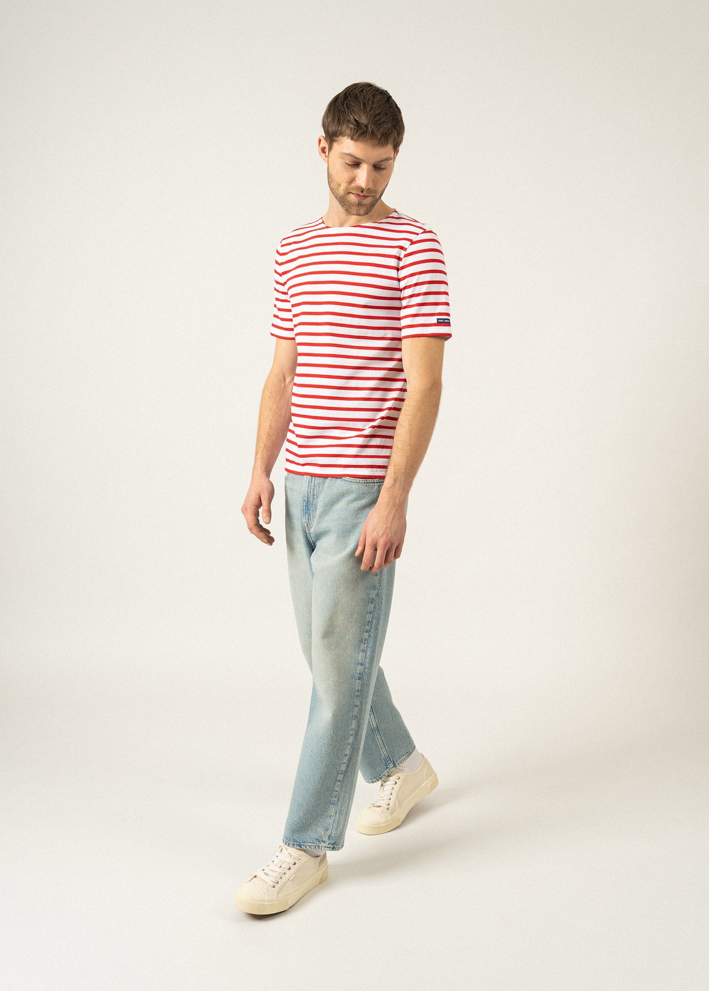 Saint James LEVANT MODERN - Breton Stripe Short Sleeve Shirt | Soft Cotton | Unisex Fit (WHITE / RED)