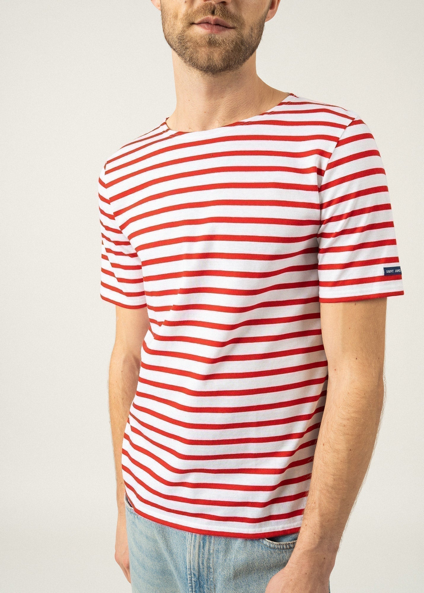 Saint James Levant Modern Breton Stripe Short Sleeve Shirt Soft Cotton Unisex Fit White Red