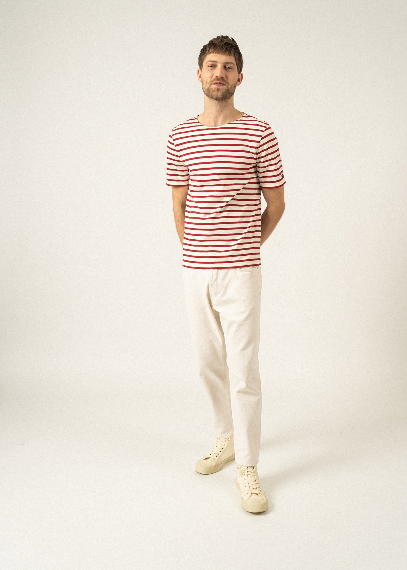 Saint James LEVANT MODERN - Breton Stripe Short Sleeve Shirt | Soft Cotton | Unisex Fit (ECRU / MAROON)