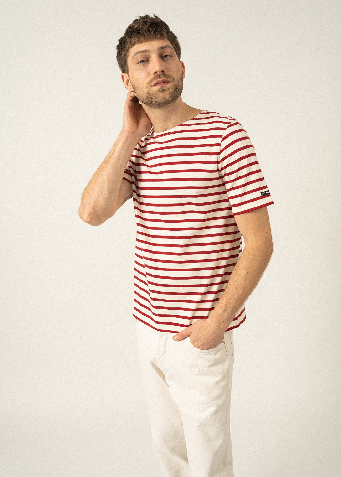 Saint James LEVANT MODERN - Breton Stripe Short Sleeve Shirt | Soft Cotton | Unisex Fit (ECRU / MAROON)