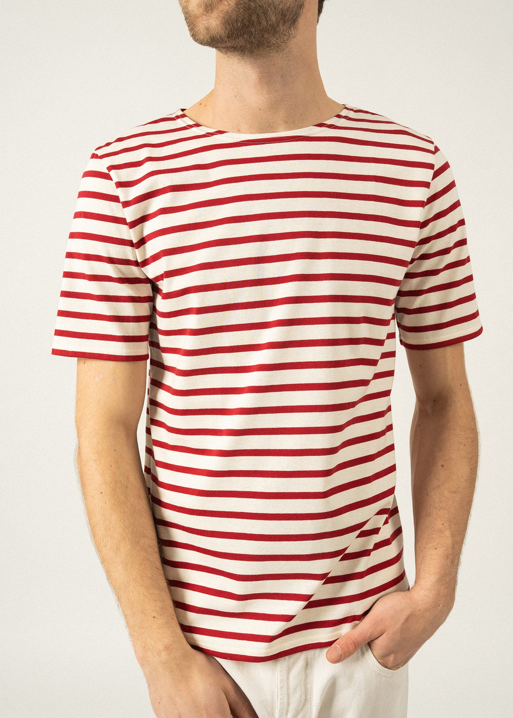 Saint James LEVANT MODERN - Breton Stripe Short Sleeve Shirt | Soft Cotton | Unisex Fit (ECRU / MAROON)