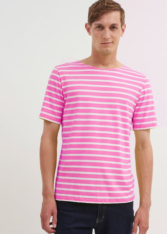 Saint James Levant Modern Breton Stripe Short Sleeve Shirt Soft Cotton Unisex Fit Hot Pink White