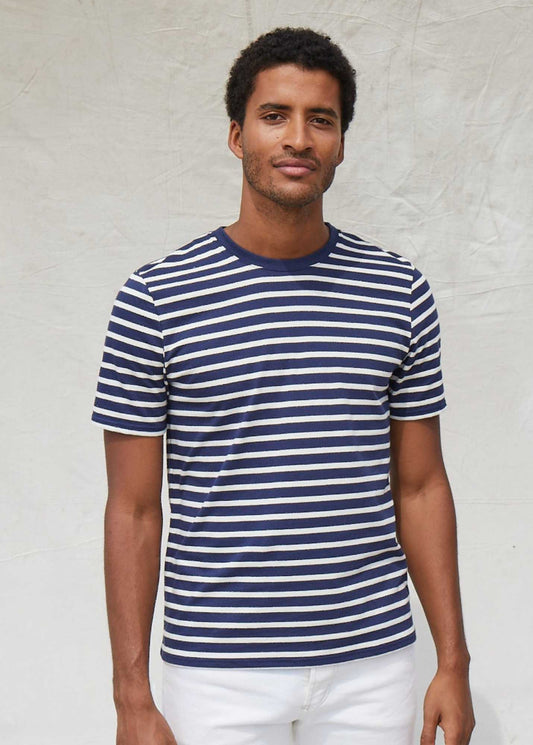 Saint James Plouider Breton T Shirt For Men Crew Neck 100% Cotton Navy Ecru