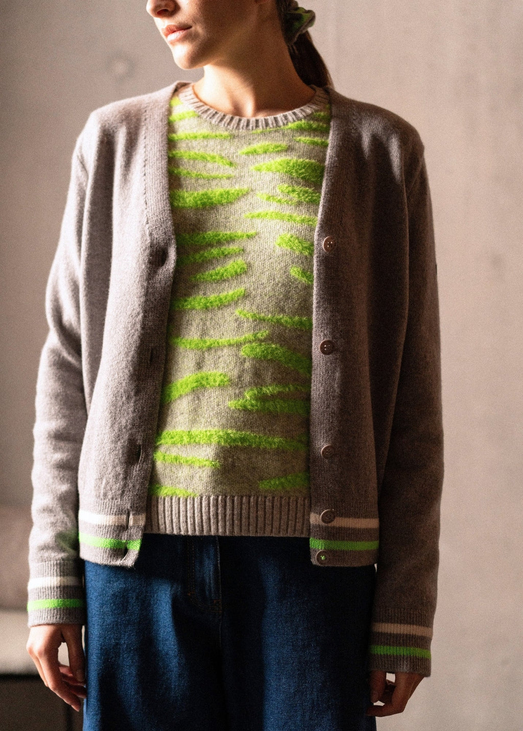 Saint James ANNECY - Wool Cardigan for Women (GRAY / NEON GREEN / IVORY)