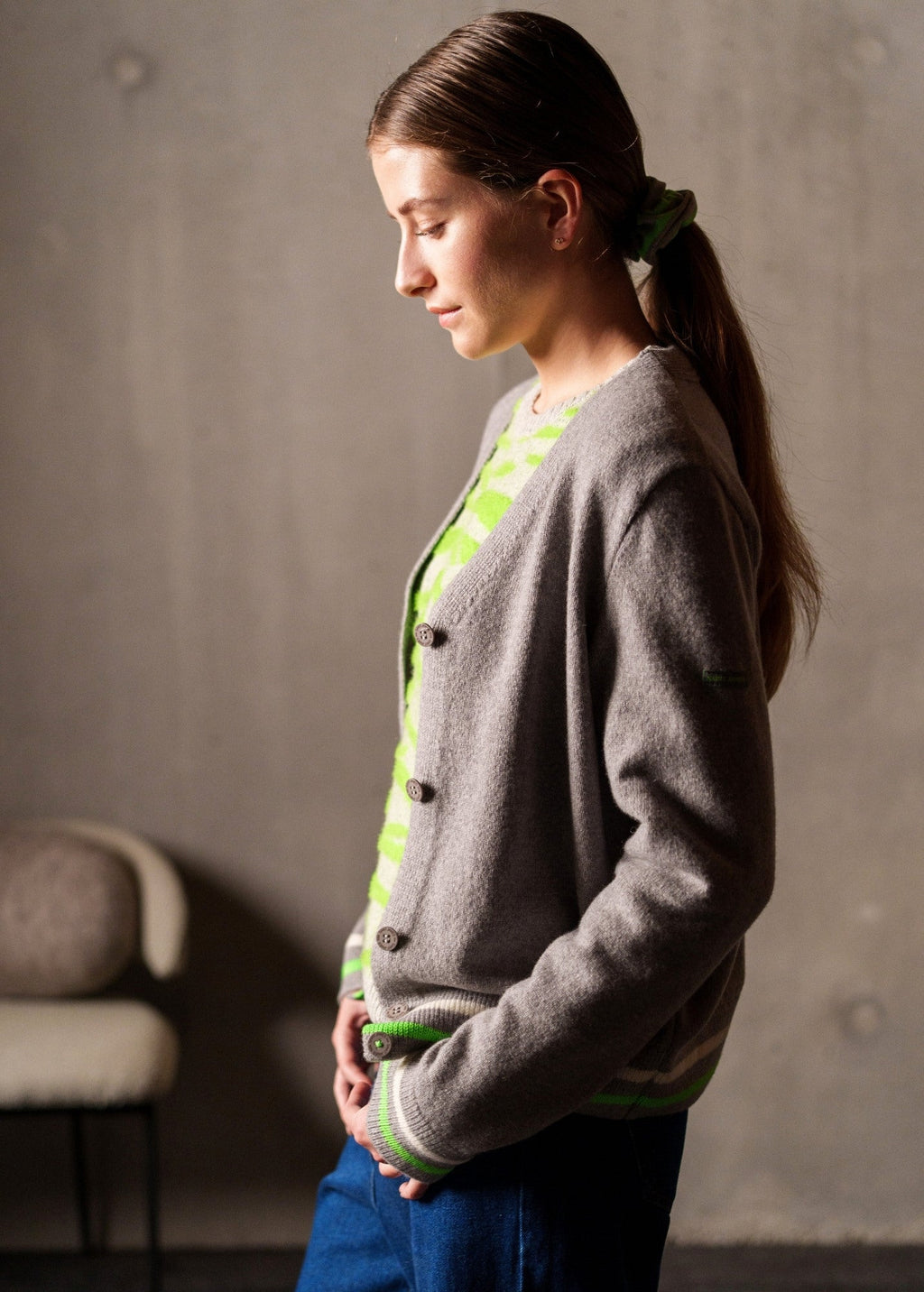 Saint James ANNECY - Wool Cardigan for Women (GRAY / NEON GREEN / IVORY)