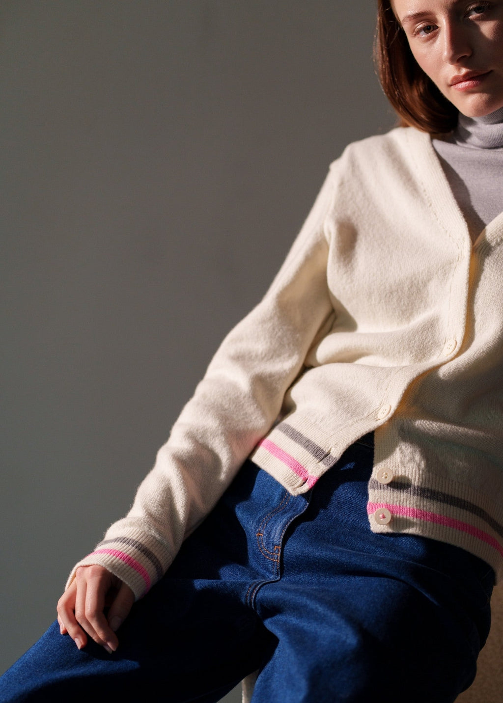 Saint James ANNECY - Wool Cardigan for Women (IVORY / BRIGHT PINK / GRAY)