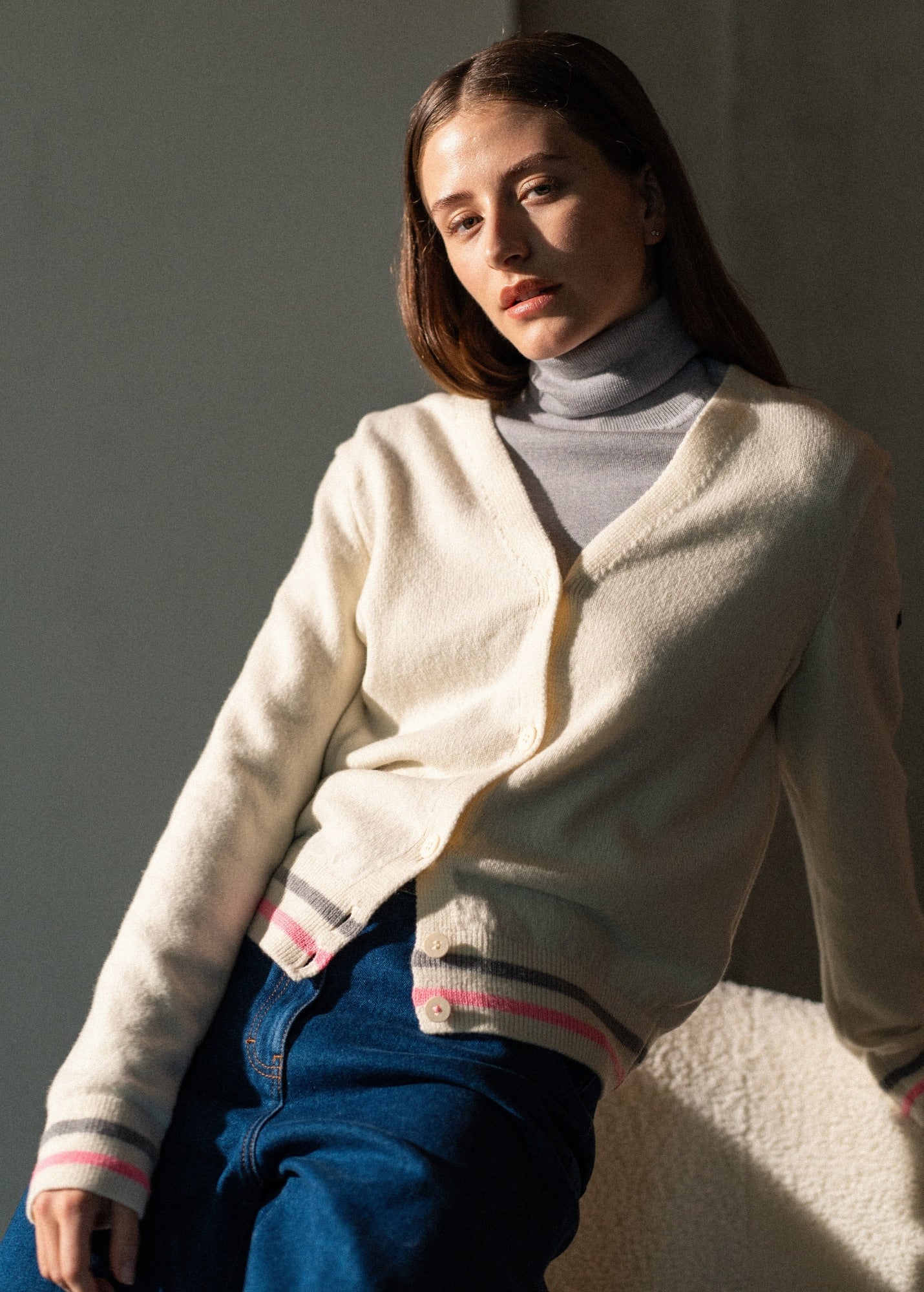 Saint James ANNECY - Wool Cardigan for Women (IVORY / BRIGHT PINK / GRAY)