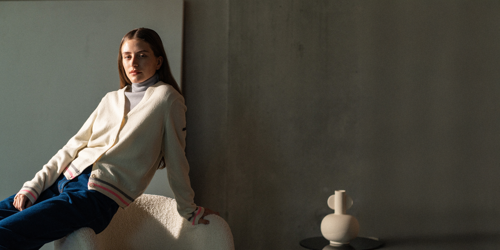 Saint James ANNECY - Wool Cardigan for Women (IVORY / BRIGHT PINK / GRAY)