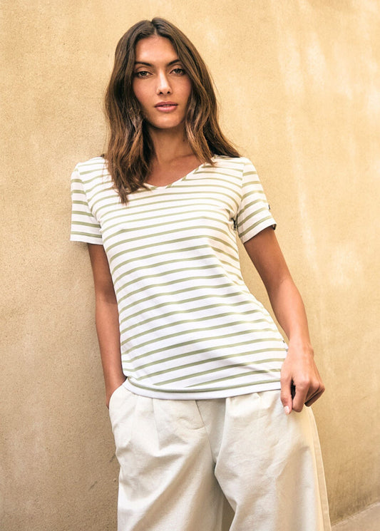 Saint James Aviso Nautical Striped Sport Top With V Neck And Uv Protection Women Fit White Soft Almond