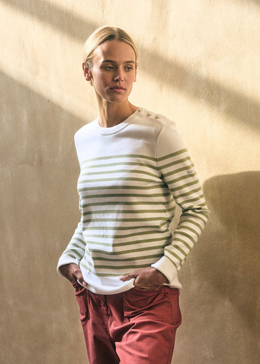 Saint James Avignon Striped Sweater With Button Shoulder For Women 100% Organic Cotton White Soft Almond