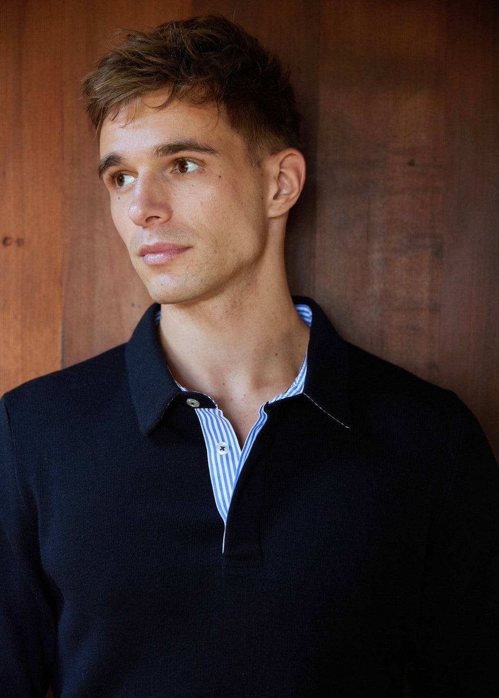 Saint James BADEN - Knit Polo Sweater with Striped Placket (NAVY)