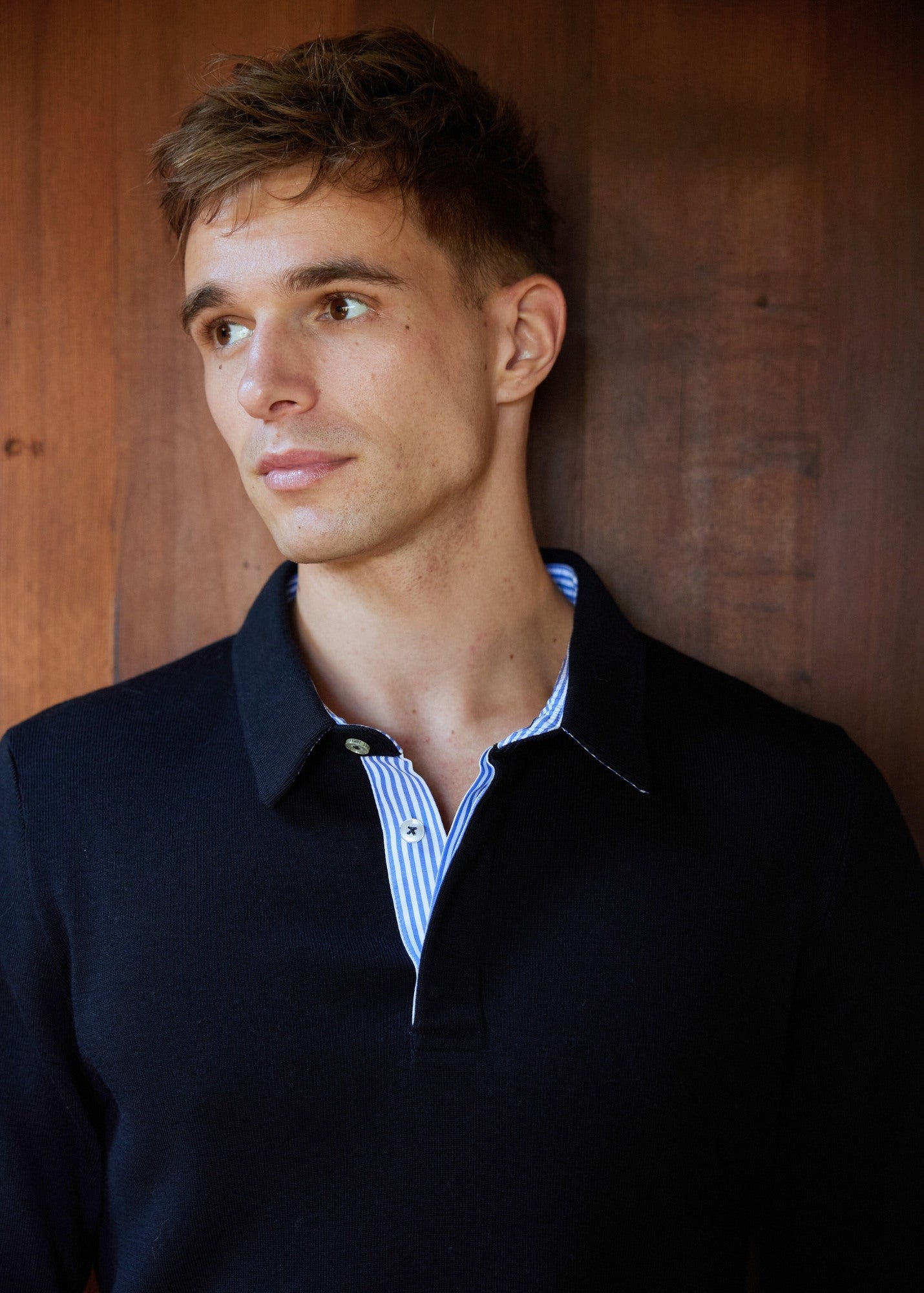 Saint James BADEN - Knit Polo Sweater with Striped Placket (NAVY)