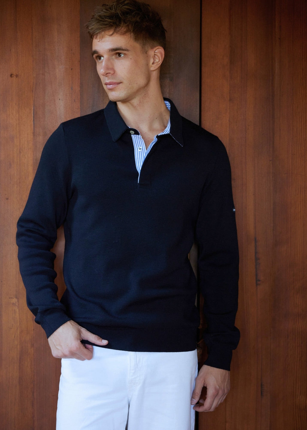 Saint James BADEN - Knit Polo Sweater with Striped Placket (NAVY)