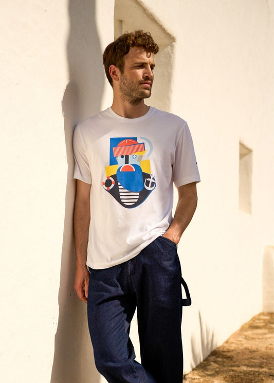 Saint James Ben Graphic Tee With Sailor Motif For Men Pima Cotton White Multico
