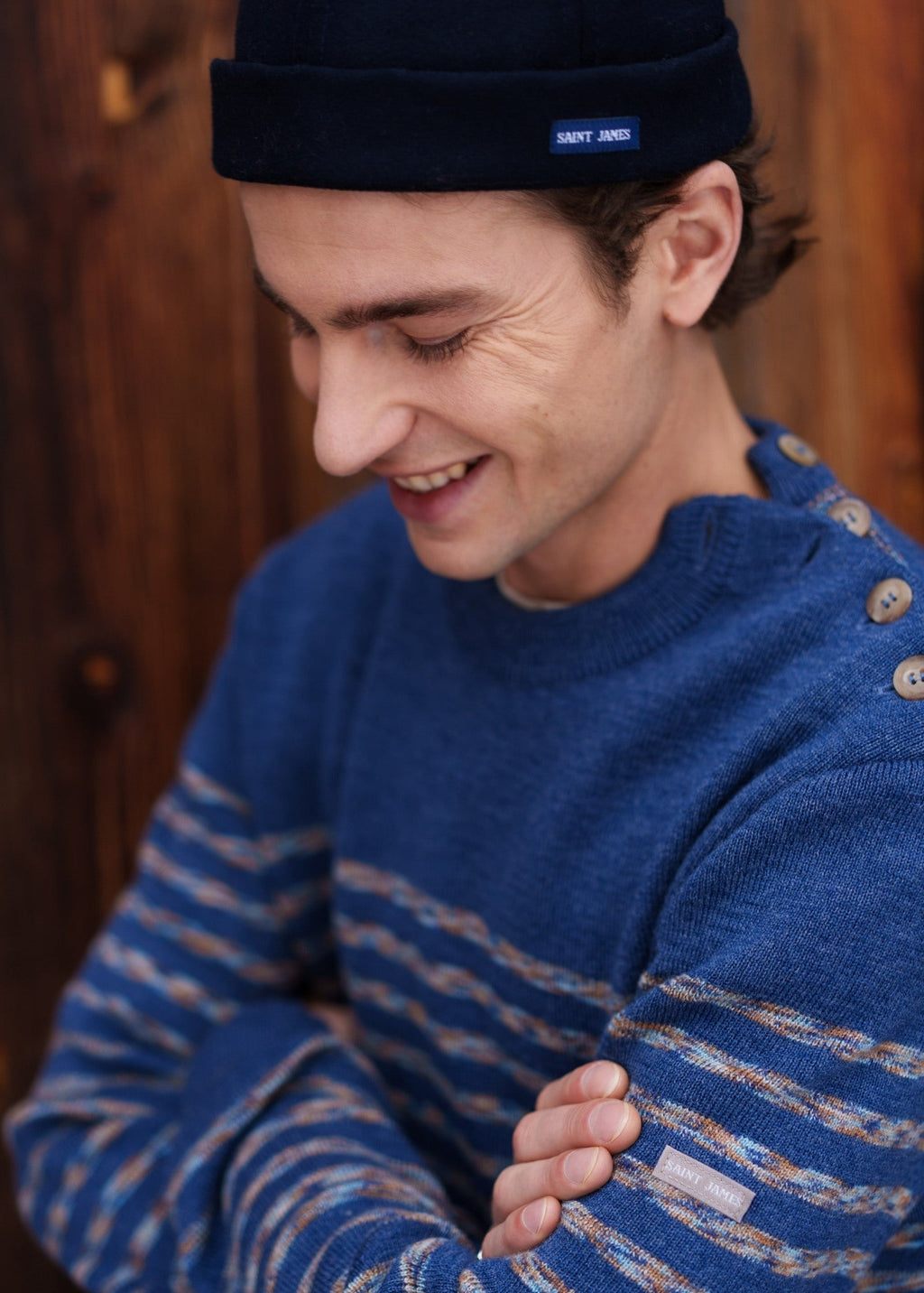 Saint James BINIC WEST - Authentic Striped Wool Sailor Sweater with Shoulder Buttons (DENIM BLUE / MULTICOLORED STRIPES)