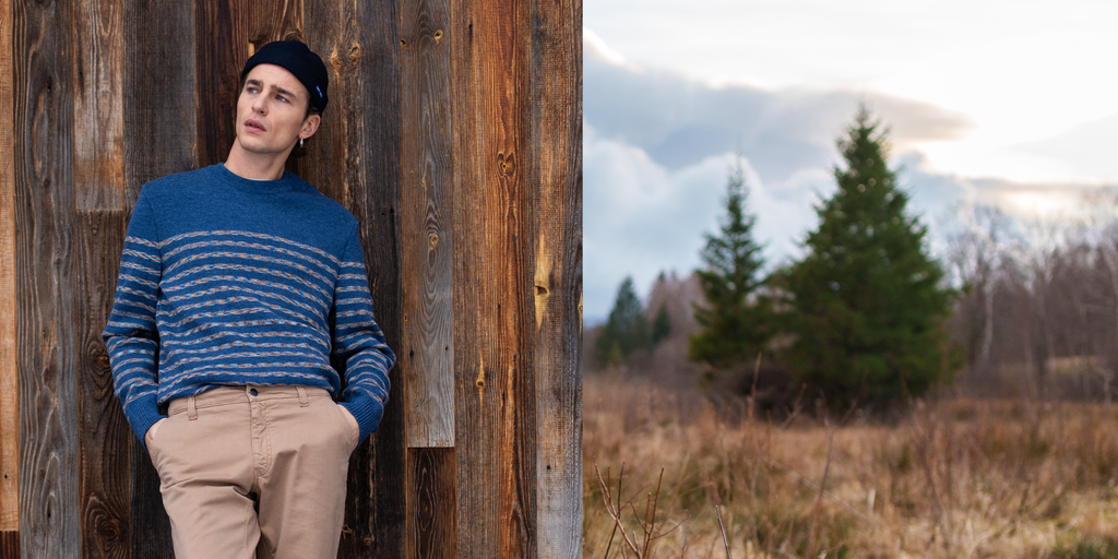 Saint James BINIC WEST - Authentic Striped Wool Sailor Sweater with Shoulder Buttons (DENIM BLUE / MULTICOLORED STRIPES)