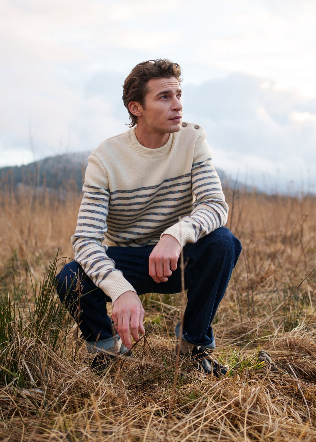 Saint James BINIC WEST - Authentic Striped Wool Sailor Sweater with Shoulder Buttons (ECRU / MULTICOLORED STRIPES)