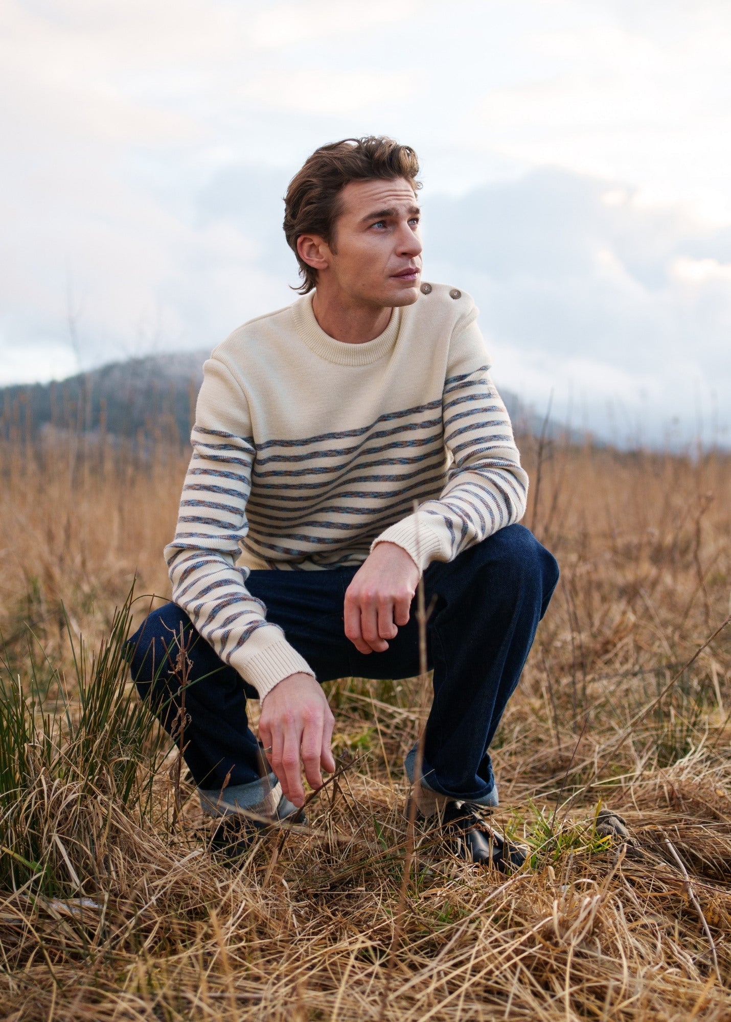 Saint James BINIC WEST - Authentic Striped Wool Sailor Sweater with Shoulder Buttons (ECRU / MULTICOLORED STRIPES)