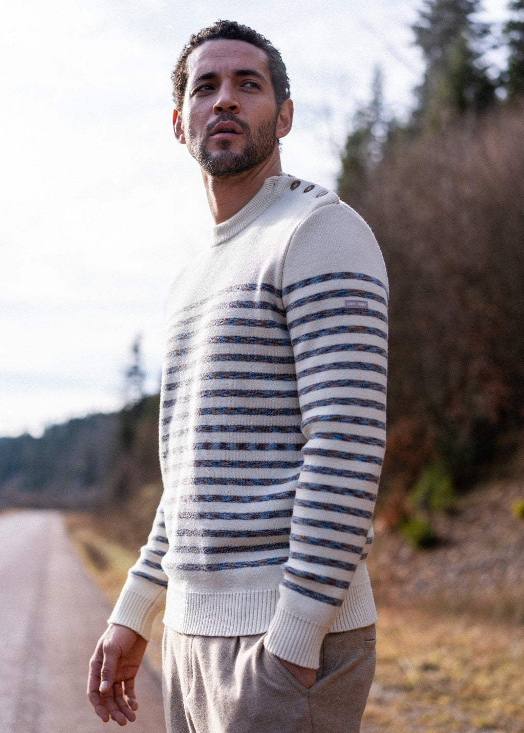 Saint James BINIC WEST - Authentic Striped Wool Sailor Sweater with Shoulder Buttons (ECRU / MULTICOLORED STRIPES)