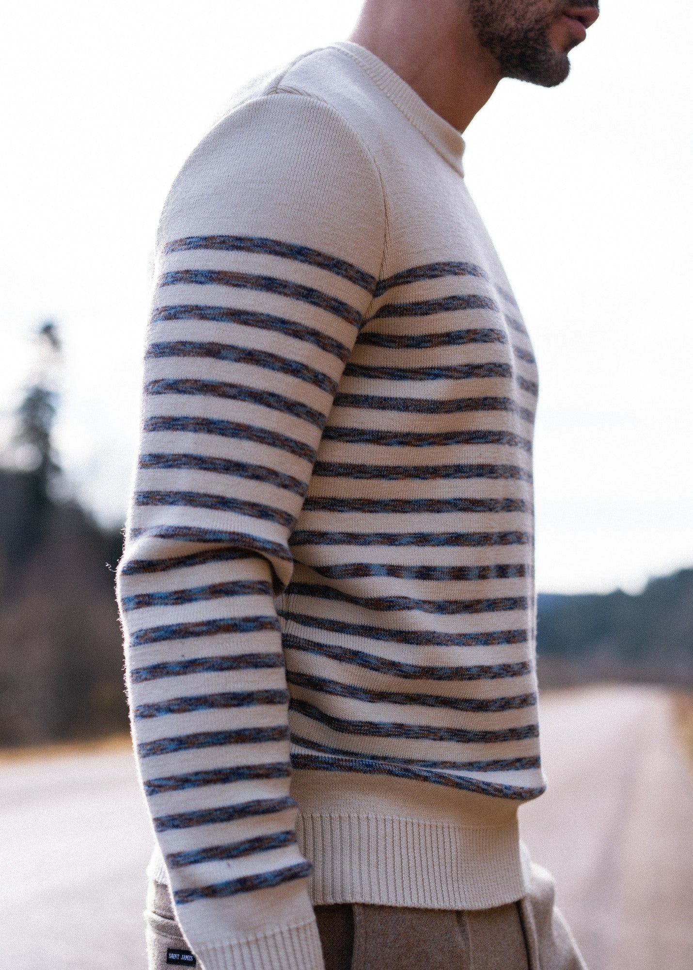 Saint James BINIC WEST - Authentic Striped Wool Sailor Sweater with Shoulder Buttons (ECRU / MULTICOLORED STRIPES)