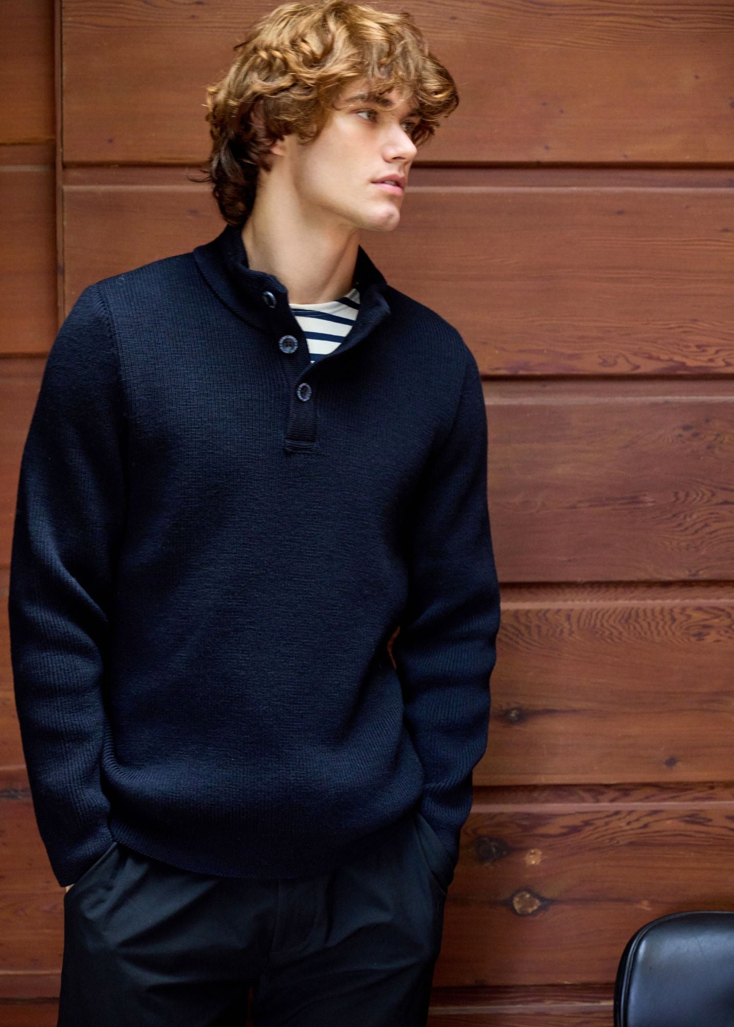Saint James Bourboule Buttoned High Collar Sweater For Men Comfort Fit 100% Wool Navy