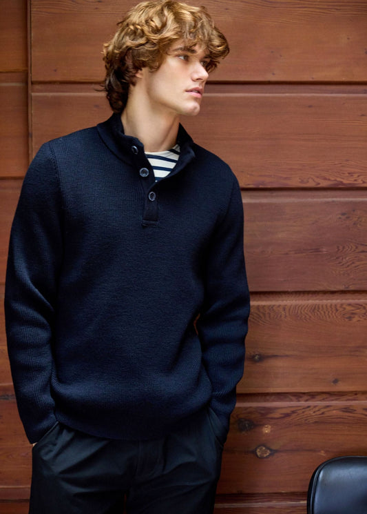 Saint James Bourboule Buttoned High Collar Sweater For Men Comfort Fit 100% Wool Navy