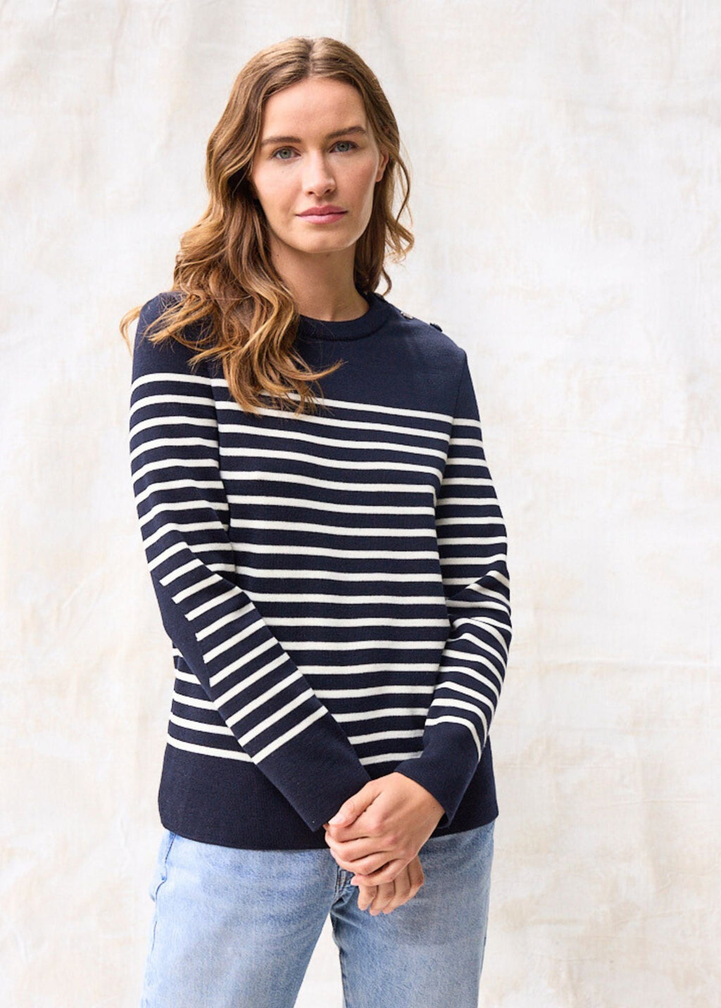 Saint James BREGANCON - Breton Striped Sweater with Jacquard Elbow Patch for Women (NAVY / IVORY)
